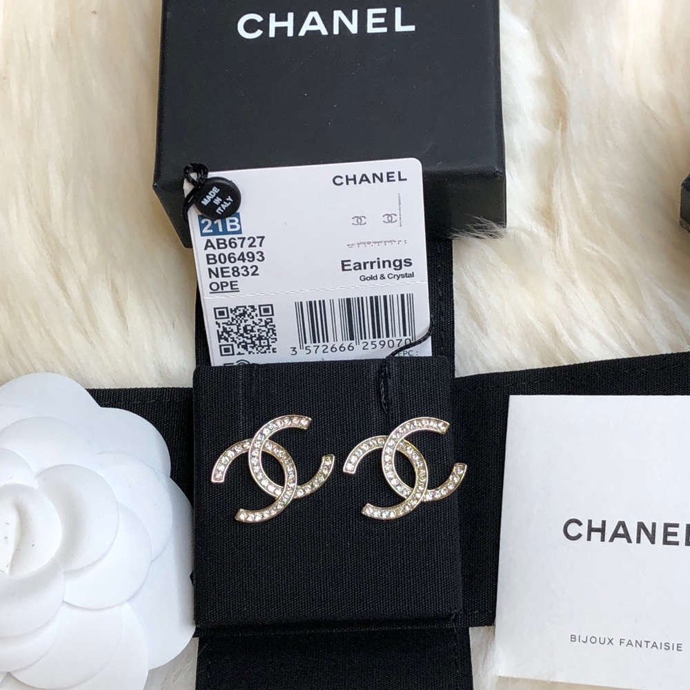 New Chanel 21B Crystal Large CC Stud Earrings